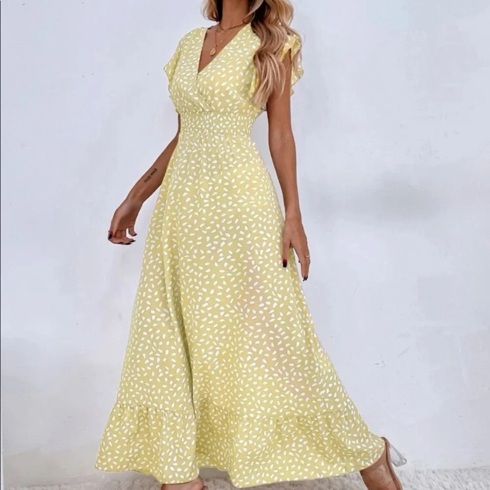 Dots ruffle trim shirred waist maxi dress